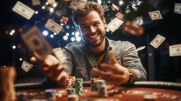 Three Card Poker dealer station with cards and chips